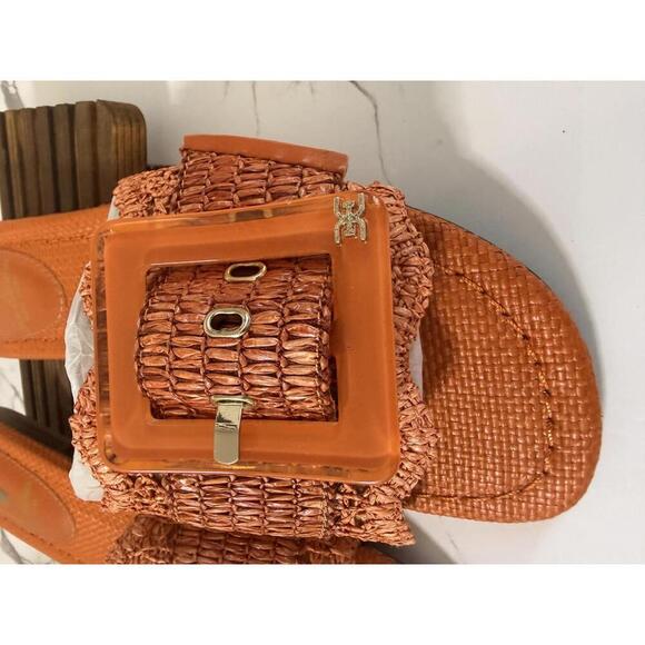 Sam Edelman New York Woven Raffia Slide Sandals Orange Square Buckle Women’s 6M - Picture 2 of 5